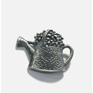 Watering Can Brooch Vintage Lapel Pin Gardener Flowers Silver Tone Primitive Tin
